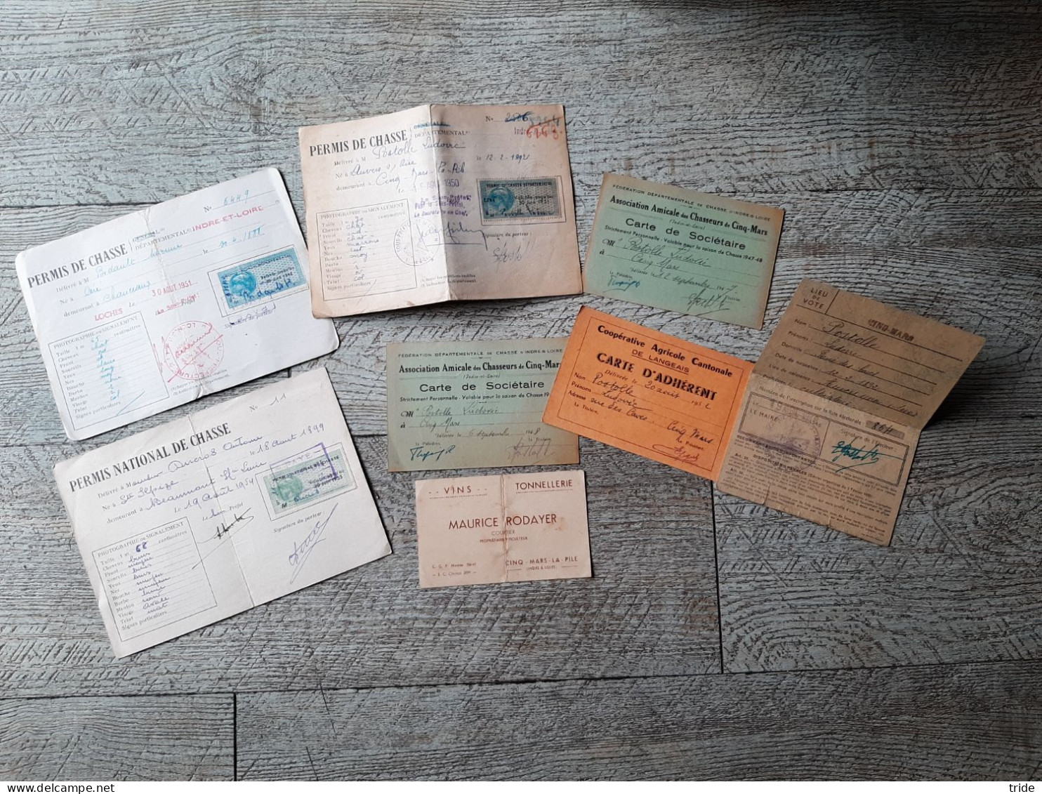 8 Documents Permis De Chasse Carte électeur Carte De Visite Tonnellerie Roudoyer Cinq Mars - Mitgliedskarten