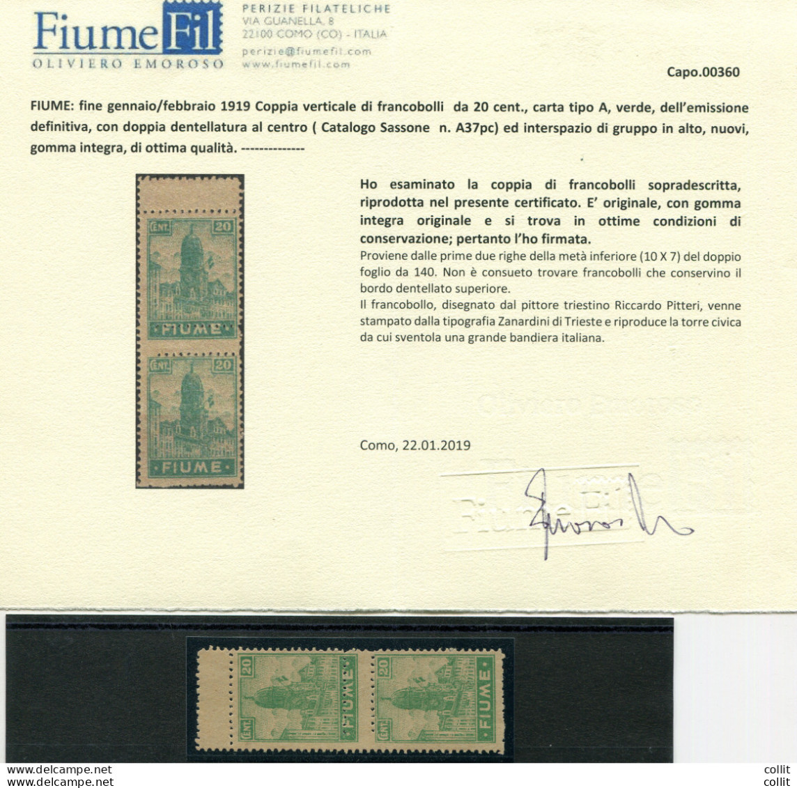 Fiume - Allegoria Cent. 20 N. A 37pc (carta A) Coppia Varietà - Lokale/autonome Uitgaven