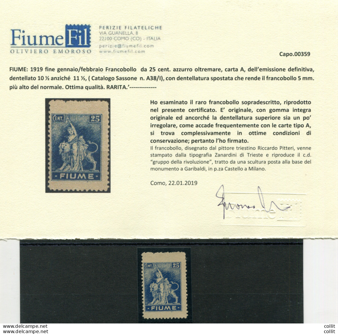 Fiume - Allegoria Cent. 25 N. A 38/I (carta A) Dentellato 10,1/2 - Emissioni Locali/autonome