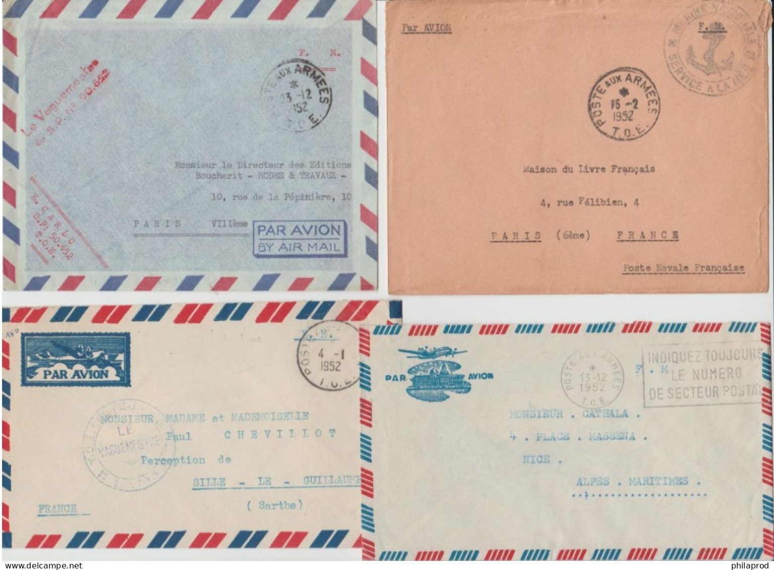 VIETNAM  INDOCHINE  Lot  4 MILITARY  1952 COVERS POSTE AUX ARMEES T.O.E. To France  Réf FM52 - Viêt-Nam