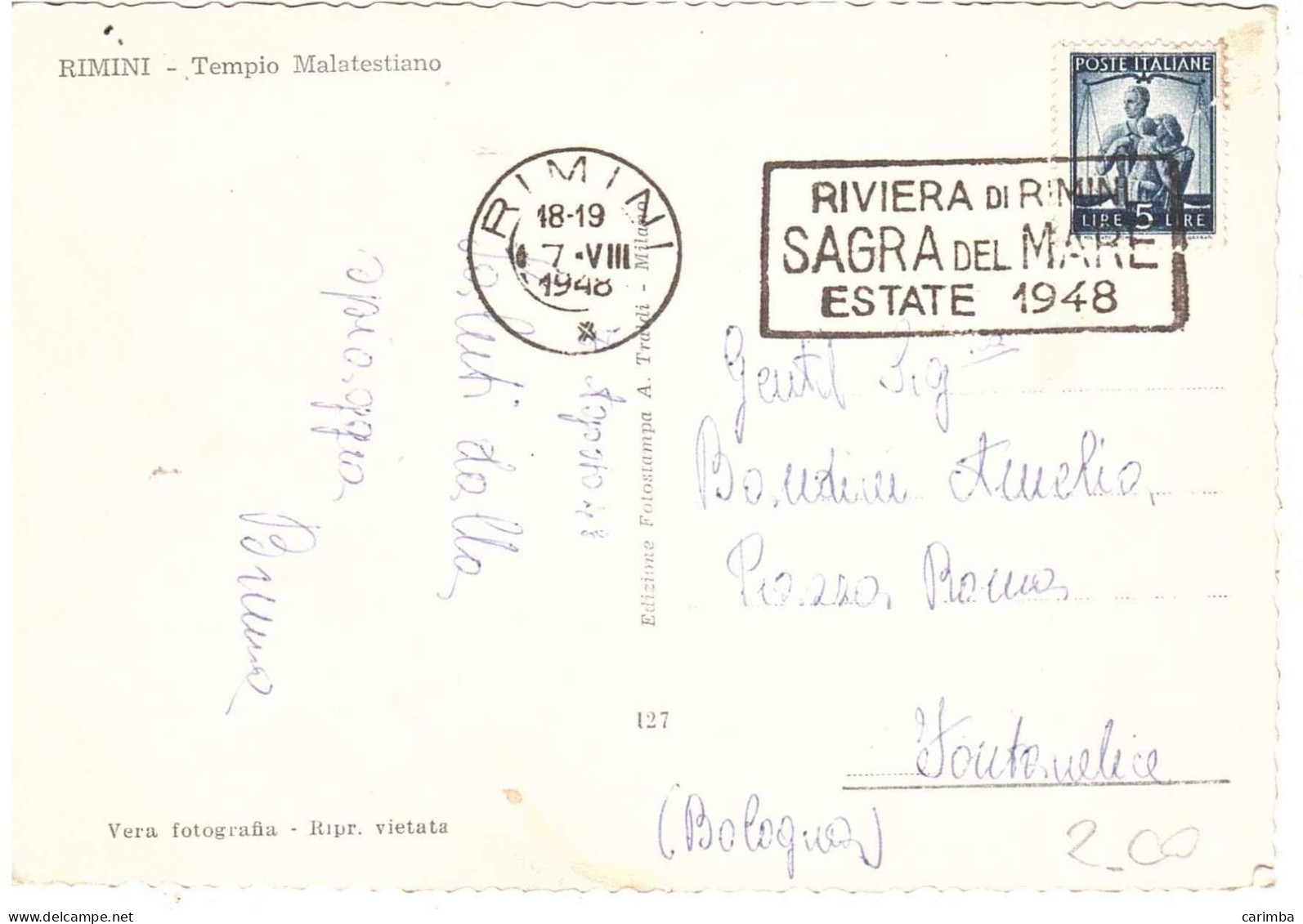 CARTOLINA TEMPIO MALATESTIANO ANNULLO TARGHETTA RIVIERA DI RIMINI - 1946-60: Marcophilie