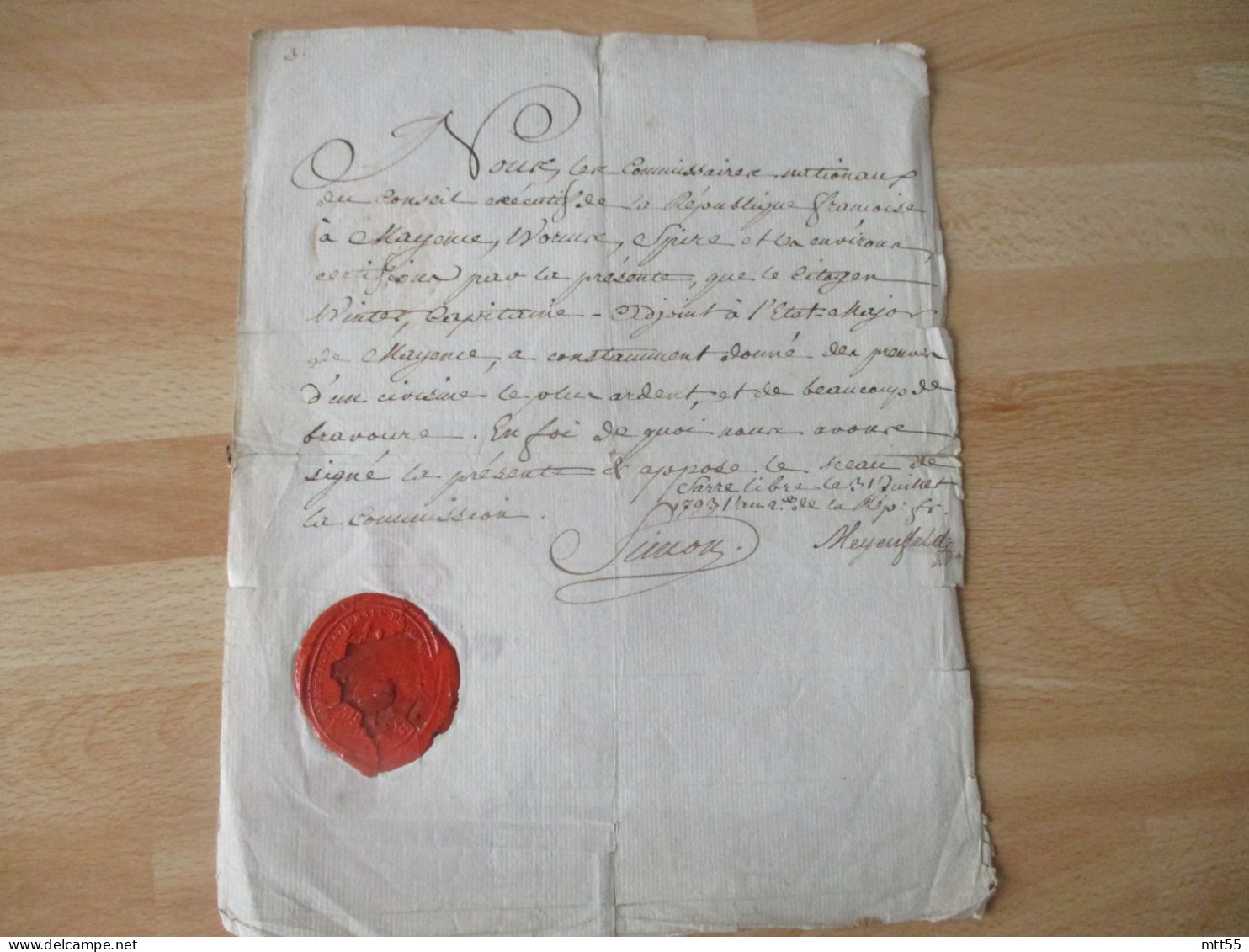 COMMISSAIRE NATIONAUX REPUBLIQUE FRANCAISE MAYENCE SPIRE CERTIFICAT MANUSCRIT  DE CIVISME POUR CAPITAINE ETAT MAJOR 1793 - Historische Documenten