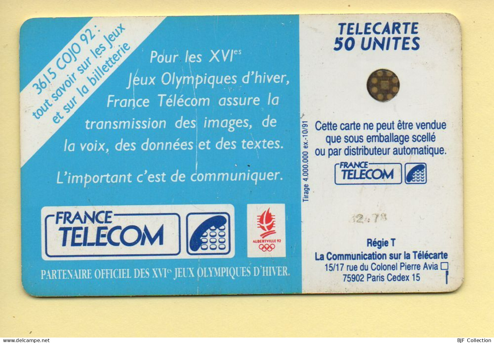 Télécarte 1991 : JOUEUR DE HOCKEY / 50 Unités / Numéro 32478 / 10-91 / Jeux Olympiques D'Hiver ALBERTVILLE 92 - 1991