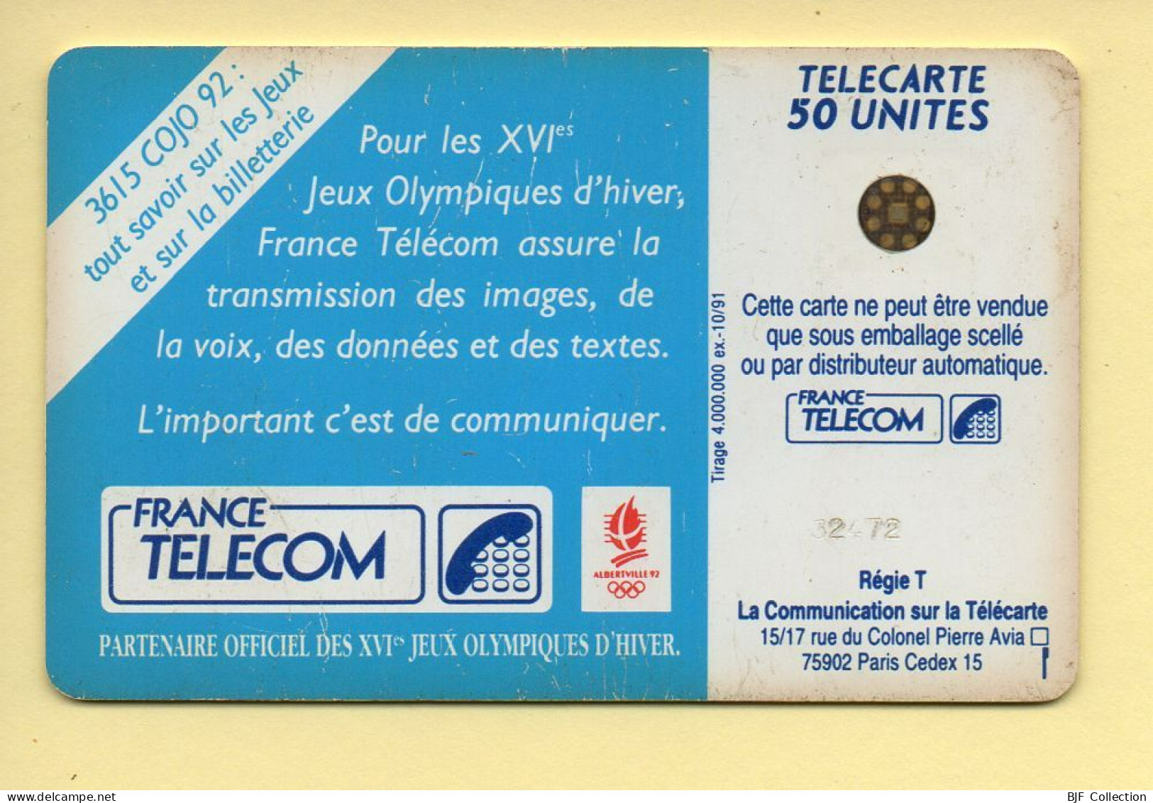 Télécarte 1991 : JOUEUR DE HOCKEY / 50 Unités / Numéro 32472 / 10-91 / Jeux Olympiques D'Hiver ALBERTVILLE 92 - 1991