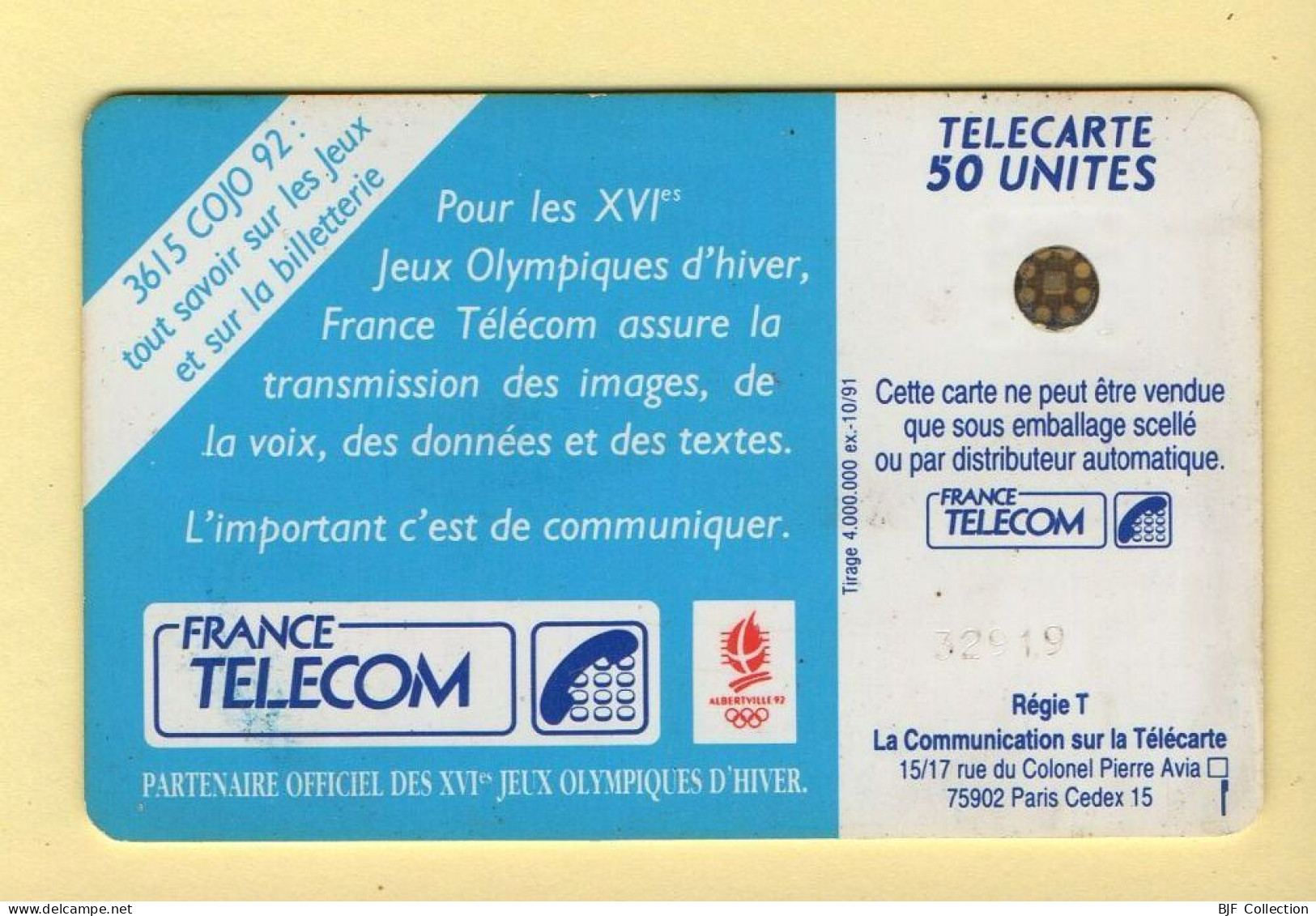 Télécarte 1991 : JOUEUR DE HOCKEY / 50 Unités / Numéro 32919 / 10-91 / Jeux Olympiques D'Hiver ALBERTVILLE 92 - 1991