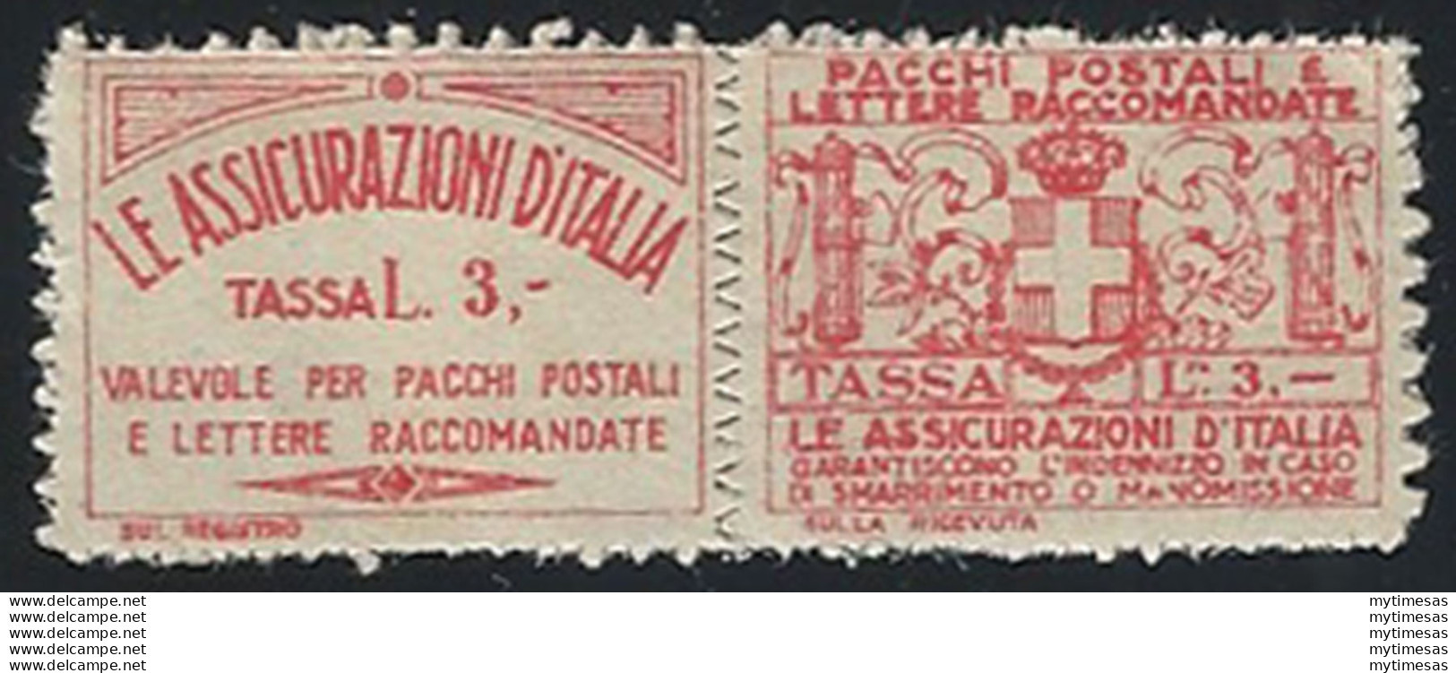 1926 Italia Assicurativi Lire 3 Rosso MNH Sassone N. 6 - Otros & Sin Clasificación