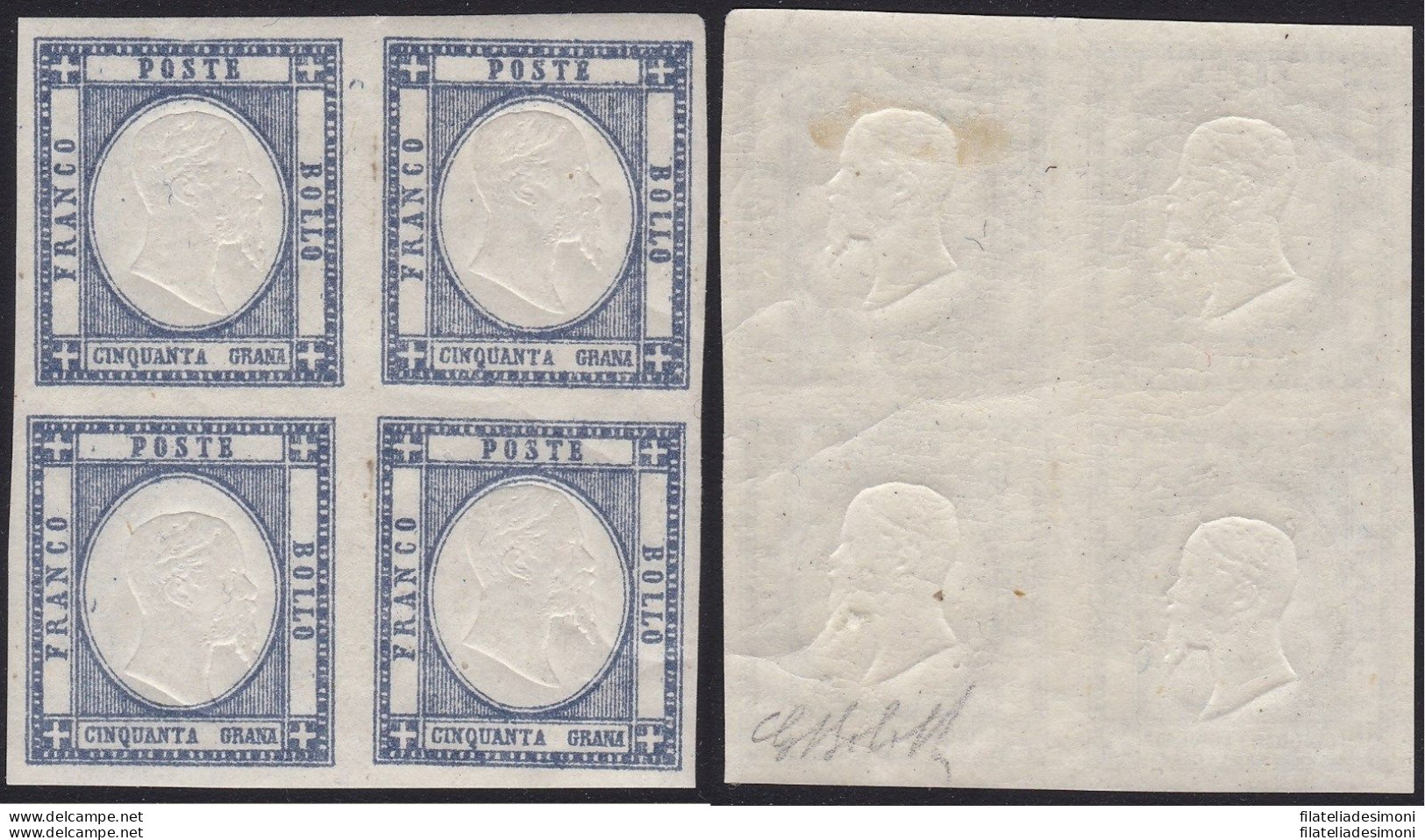 1861 PROVINCE NAPOLETANE, N° 24d 50 Grana Ardesia Oltremare 3MNH/1MLH QUARTINA - Nápoles