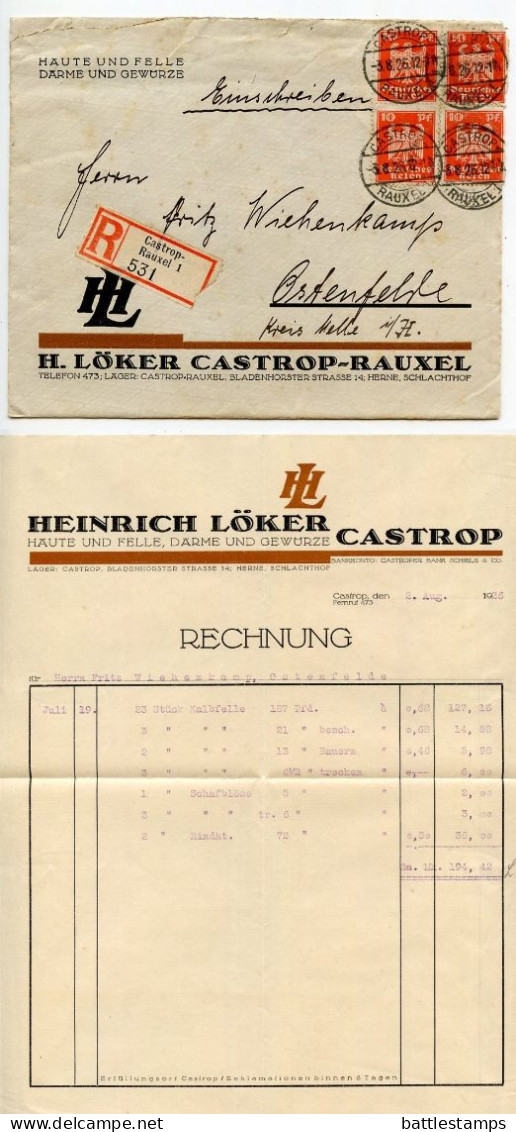 Germany 1926 Registered Cover W/ Letter & Invoice; Castrop-Rauxel, H. Löker; 10pf. German Eagle X 4 - Covers & Documents