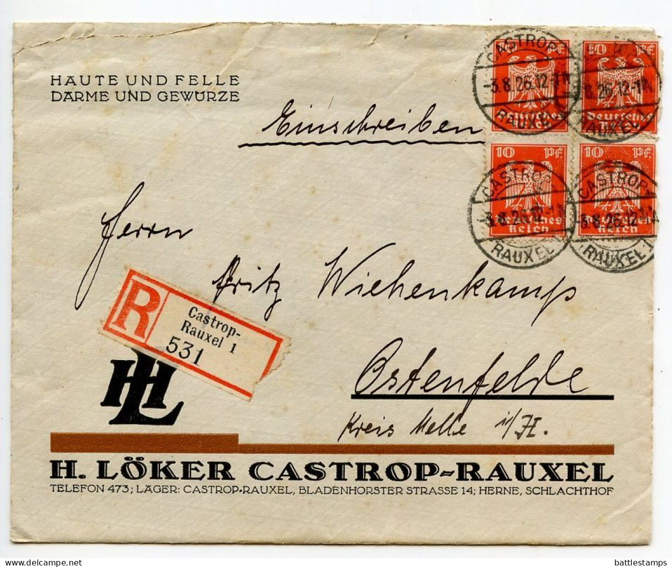 Germany 1926 Registered Cover W/ Letter & Invoice; Castrop-Rauxel, H. Löker; 10pf. German Eagle X 4 - Covers & Documents