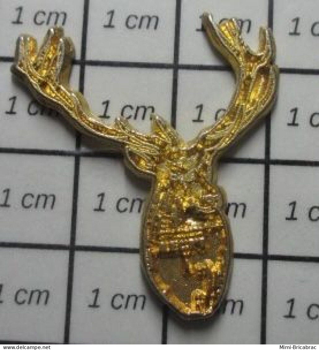 3517  Pin's Pins / Beau Et Rare / ANIMAUX / METAL JAUNE Grand Pin's TETE DE CERF GIBIER - Animaux