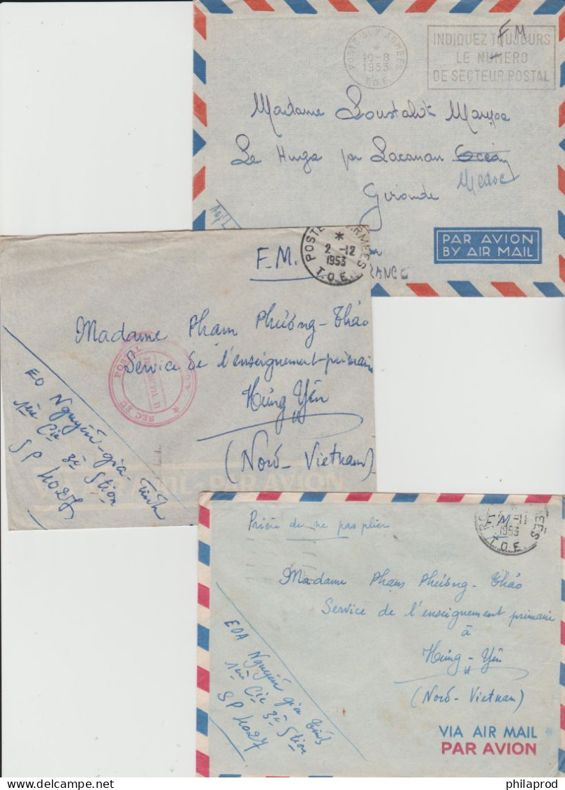 VIETNAM  INDOCHINE  1953  Lot  3 MILITARY COVERS POSTE AUX ARMEES T.O.E.   Réf FM53 - Covers & Documents