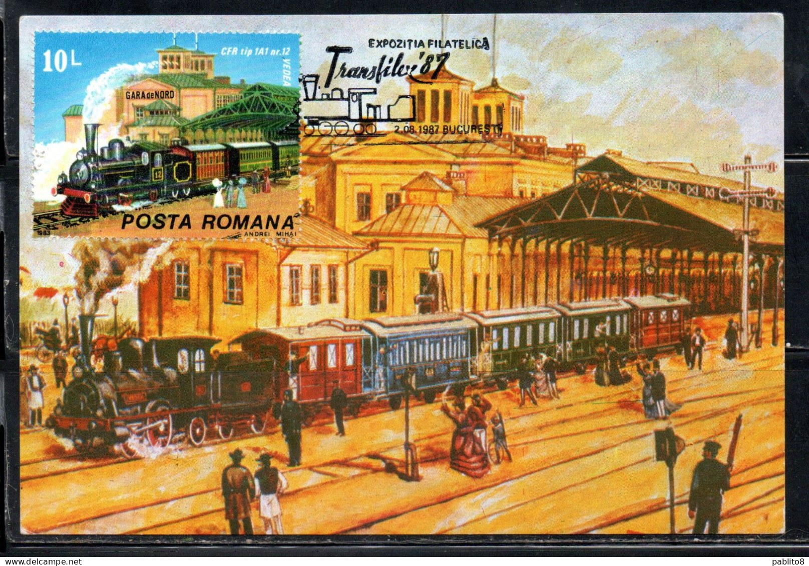 ROMANIA 1983  TRAIN STATION LEAVING GARE DE NORD CFR 1A1 ORIENT EXPRESS CENTENARY 10L MAXI MAXIMUM CARD - Cartes-maximum (CM)