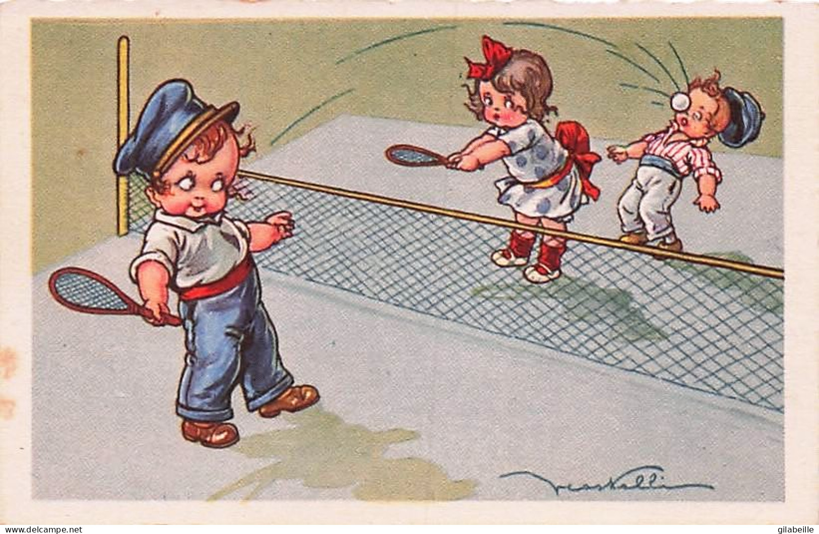 TENNIS -  Illustrateur Signé Castelli  - Enfant Jouant Au Tennis - 1939 - Castelli