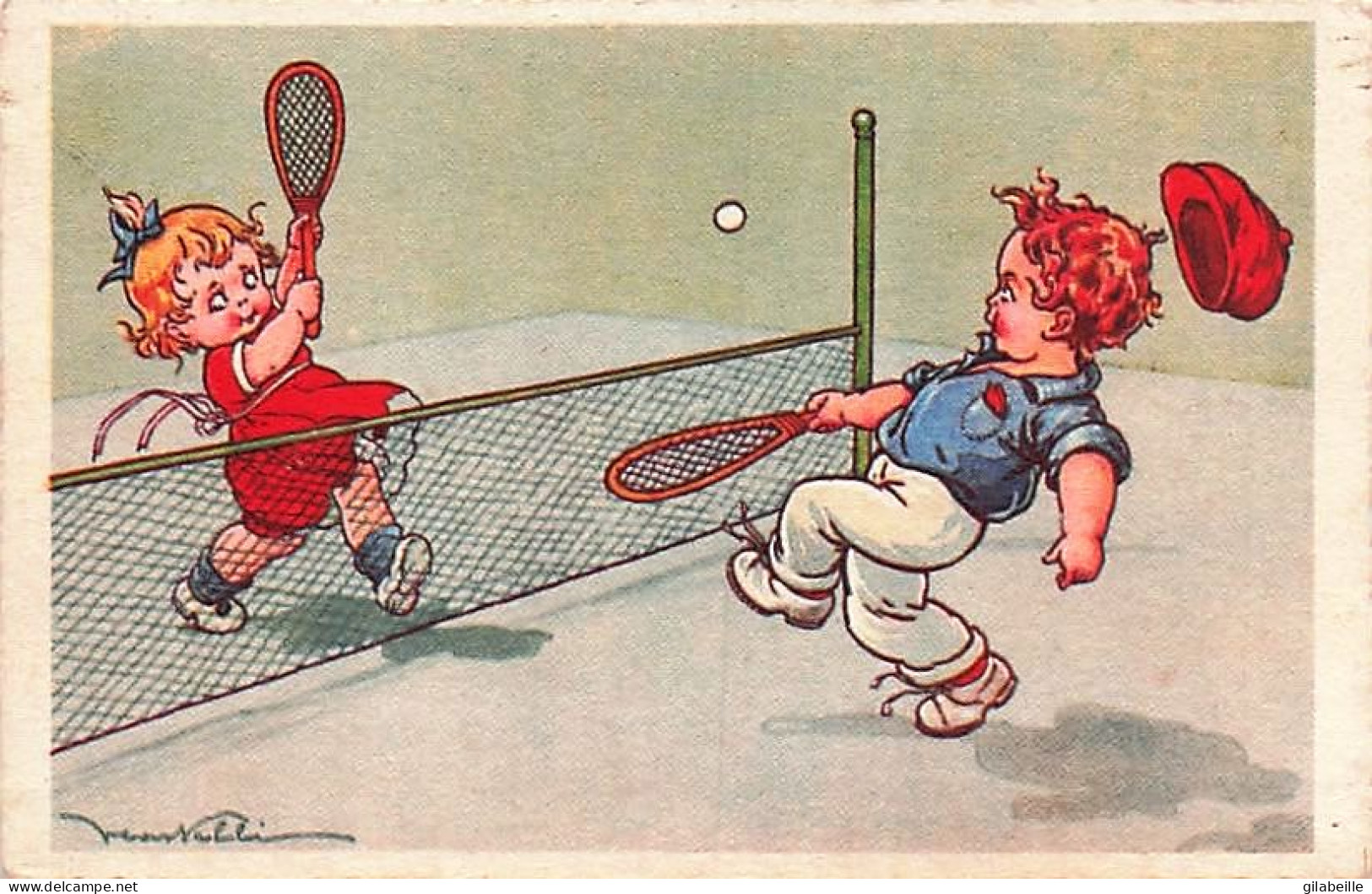 TENNIS -  Illustrateur Signé Castelli  - Enfant Jouant Au Tennis - 1939 - Castelli