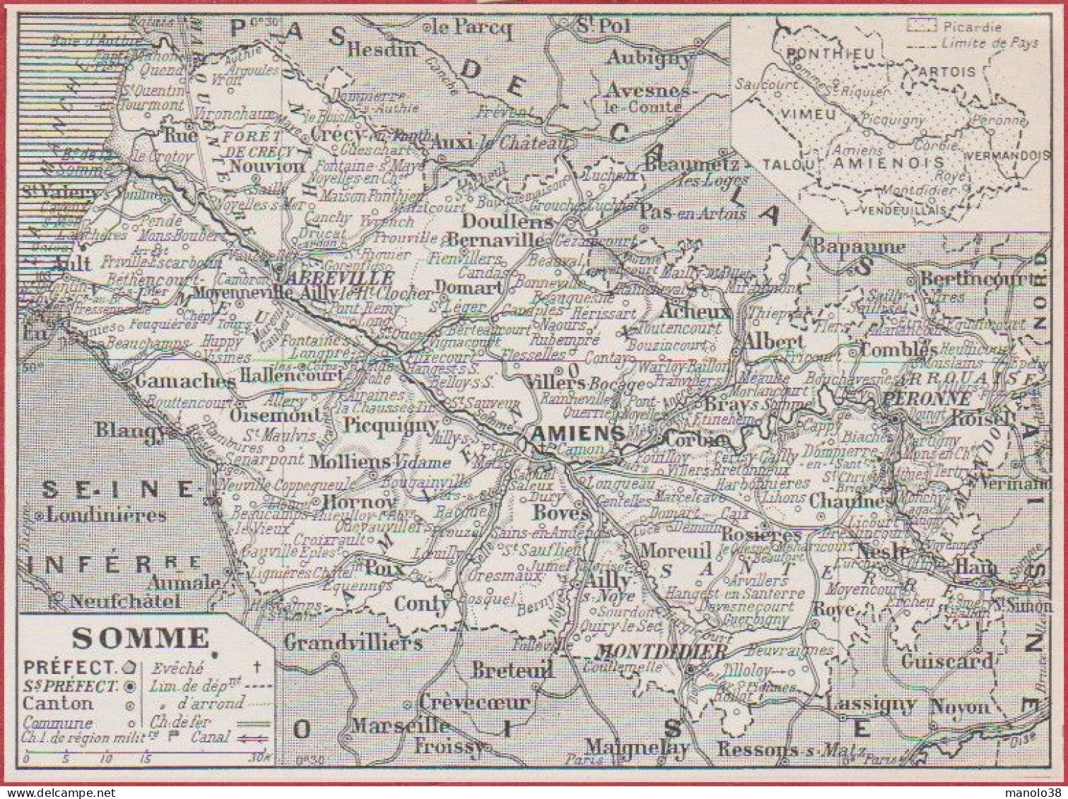 Carte Du Département De La Somme (80). Préfecture, Sous Préfecture, Chef Lieu ... Chemin De Fer. Larousse 1948. - Historische Documenten