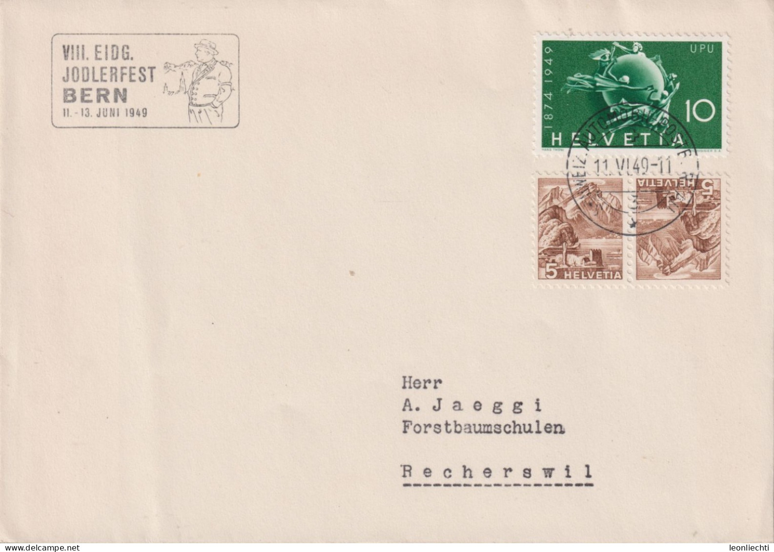 1949 Schweiz  Zum:CH 294+K38, Mi:CH 522+K38, UPU+Pilatus, Stempel: VIII.EIDG. JODLERFEST BERN - Briefe U. Dokumente