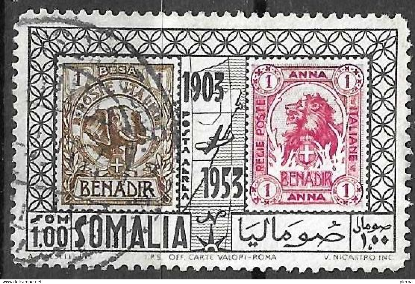 SOMALIA A.F.I.S. - 1953 - POSTA AEREA -50° FRANCOBOLLO - SOMALI 1,00 - USATO (YVERT AV 46 - MICHEL 287 - SS A 19) - Somalië (AFIS)