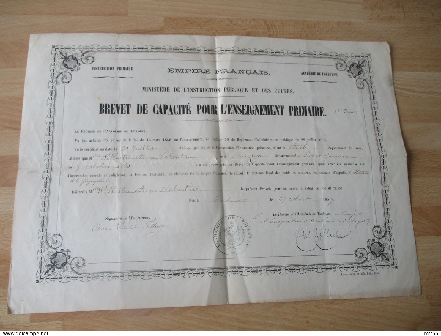 TOULOUSE 1869 BREVET CAPACITE ENSEIGNEMENT PRIMAIRE INSTITUTRICE  DIPLOMES - Diplômes & Bulletins Scolaires