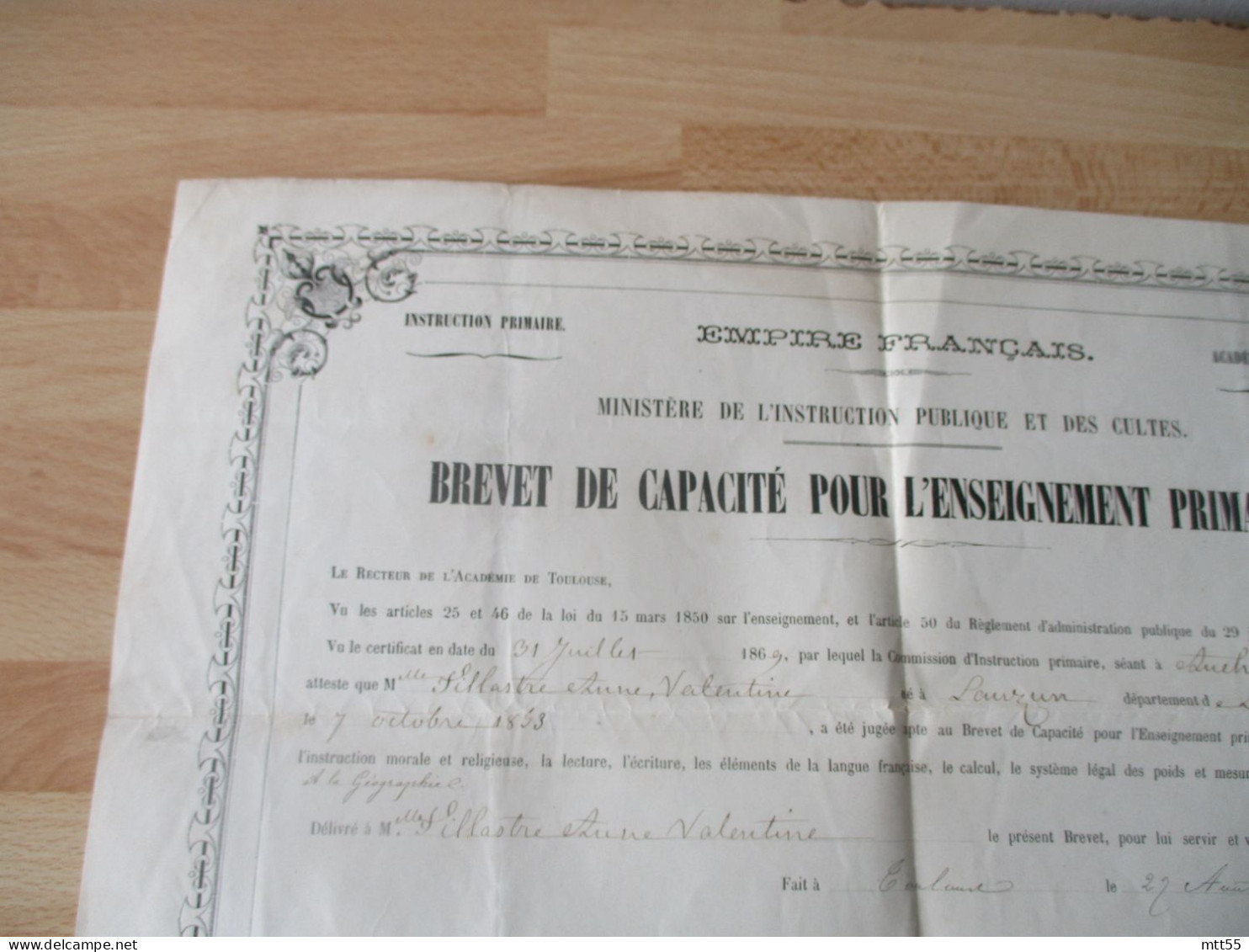 TOULOUSE 1869 BREVET CAPACITE ENSEIGNEMENT PRIMAIRE INSTITUTRICE  DIPLOMES - Diploma & School Reports