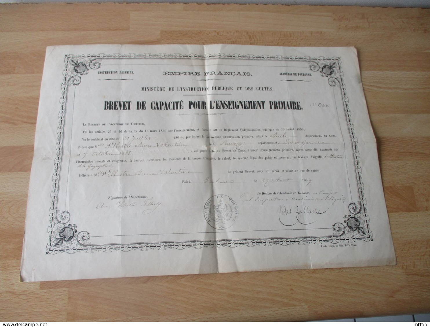 TOULOUSE 1869 BREVET CAPACITE ENSEIGNEMENT PRIMAIRE INSTITUTRICE  DIPLOMES - Diploma & School Reports