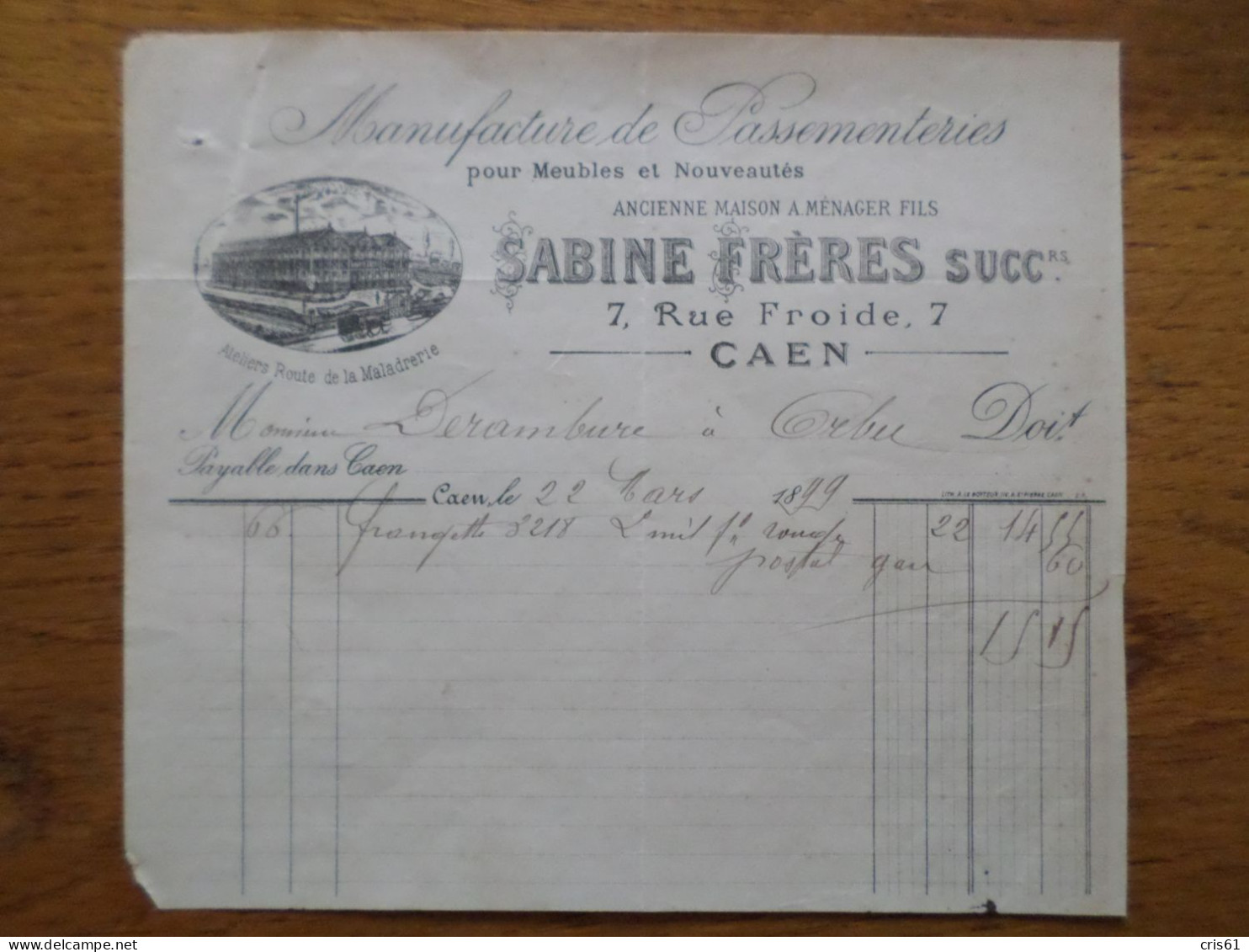 14 CAEN - Facture SABINE FRERES, Manufacture De Passementeries Pour Meubles Et Nouveautés, Mars 1899 - 1800 – 1899