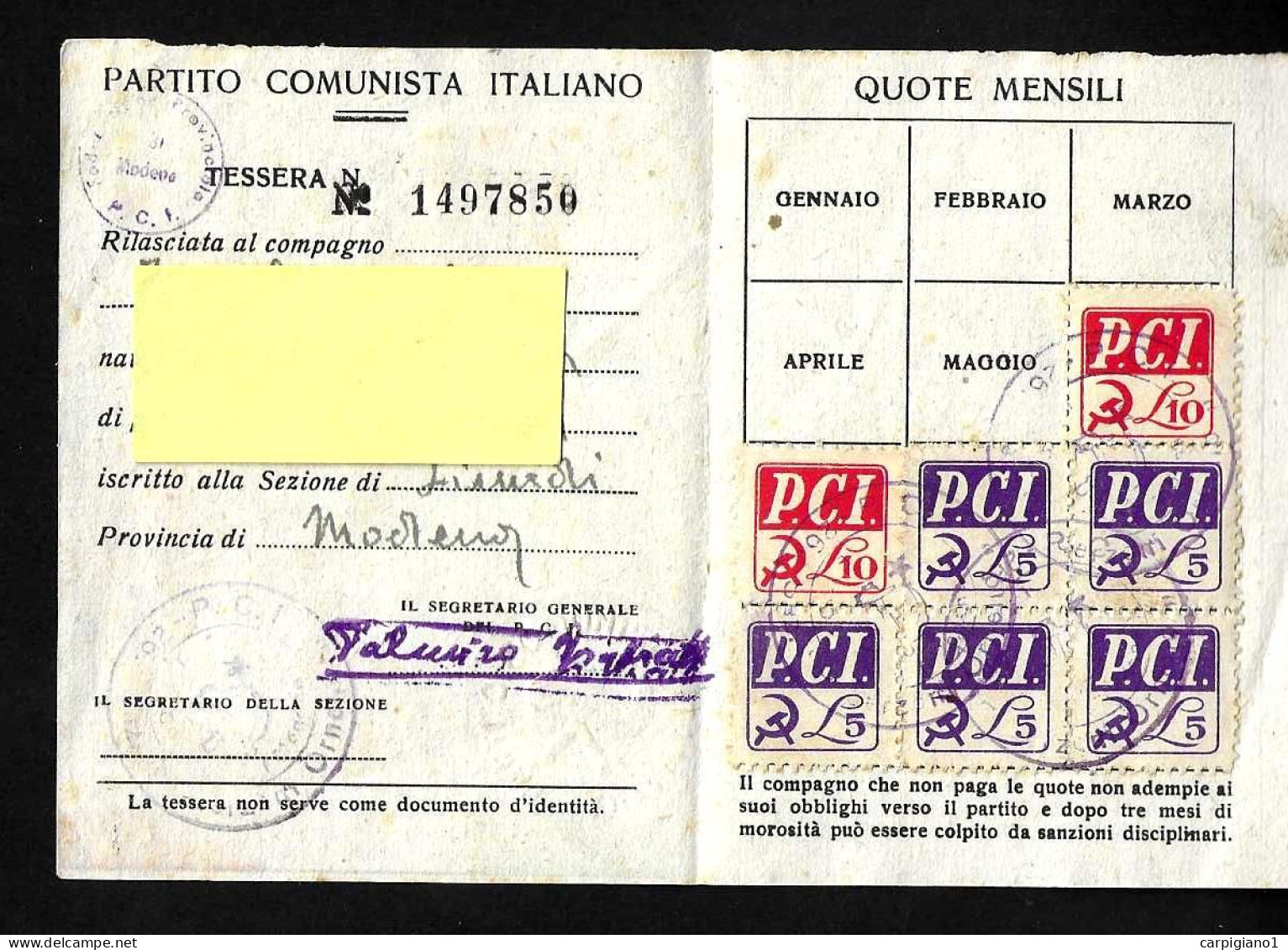 1945 Tessera PCI Partito Comunista Italiano Con Timbri E 7 Bollini - Historische Dokumente