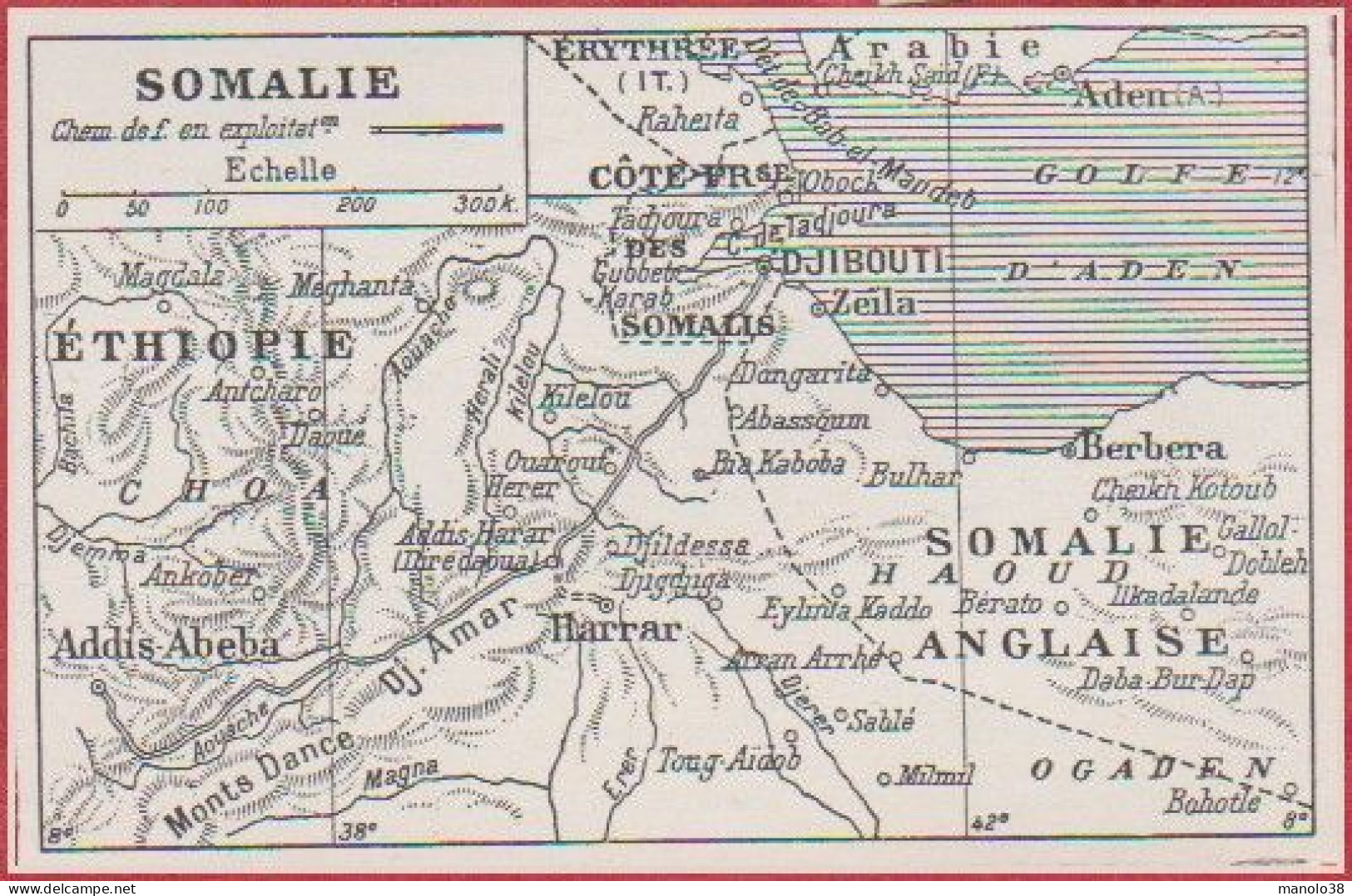 Carte De La Côte Française De Somalie. Carte Avec Chemin De Fer. Somalie Anglaise. Larousse 1948. - Documents Historiques