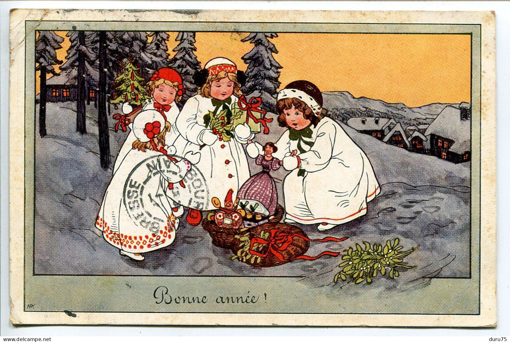 CPA Voyagé 1911 B.K.W.I. Vienne Viennoise Printed In Austria Bonne Année 3 Trois Petites Filles Gui Houx Jouets Neige - Vienne