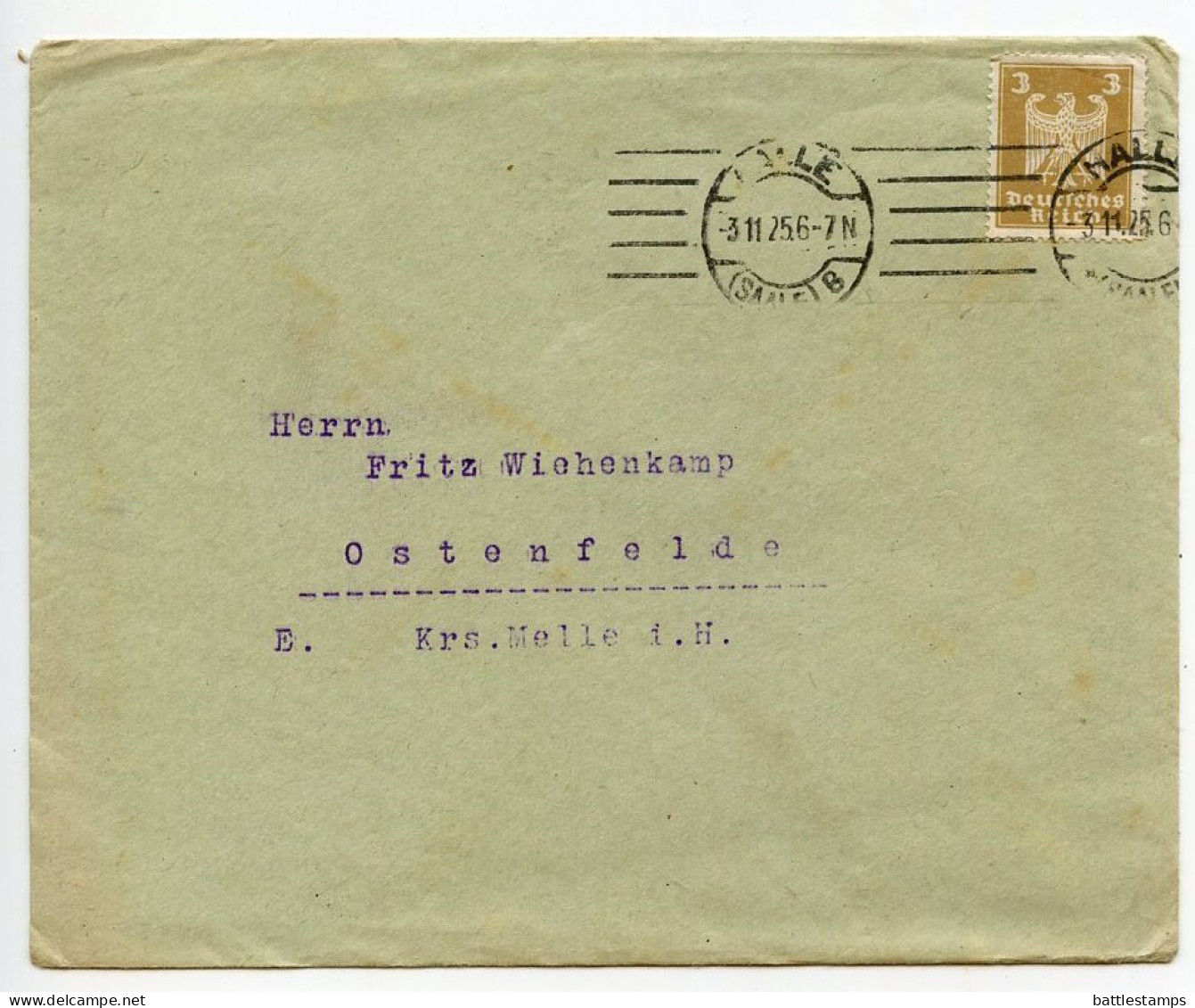 Germany 1925 Cover W/ Letter; Halle (Saale) - Mucrena, Rauchwarenversteigerungs - Gesellschaft; 3pf. German Eagle - Briefe U. Dokumente