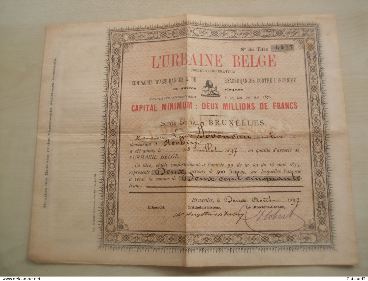 Ancien Titre 1897 L' URBAINE BELGE - Other & Unclassified