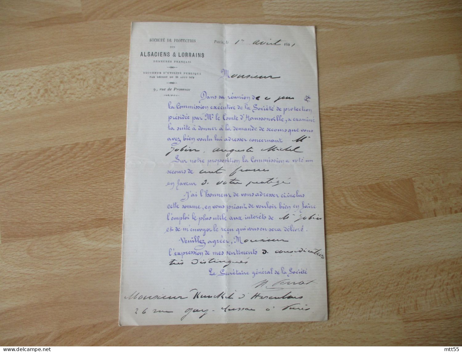 1881 LETTRE SOCIETE PROTECTION ALSACIENS ET LORRAINS DEMEURES FRANCAIS ACCORD DE SECOURS - Historische Dokumente