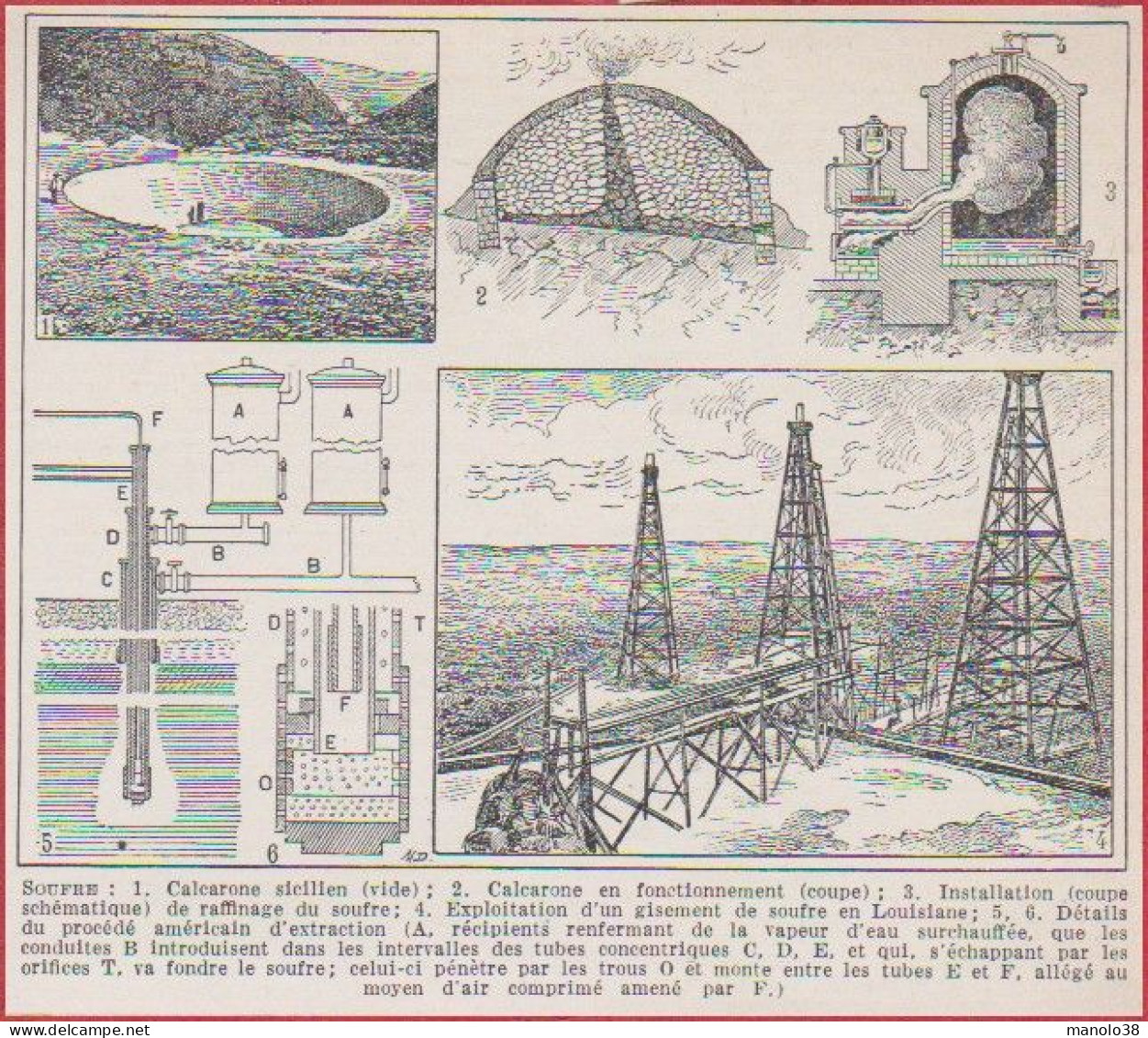 Soufre. Calcarone. Installation De Raffinage. Exploitation. Illustration Maurice Dessertenne. Larousse 1948. - Historische Dokumente