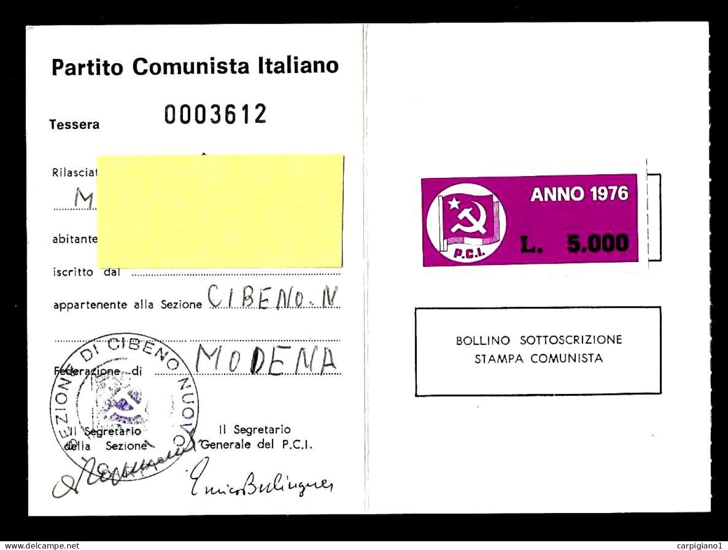 1976 Tessera PCI Partito Comunista Italiano Con Timbro E Bollino - Historische Documenten