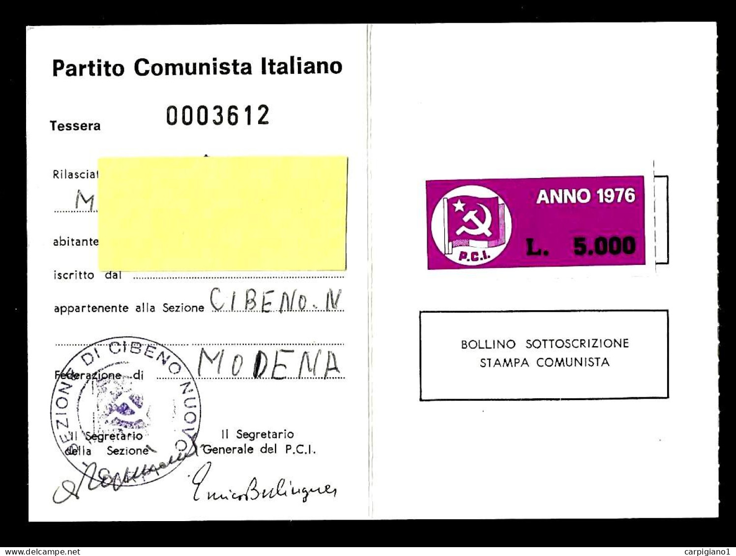 1976 Tessera PCI Partito Comunista Italiano Con Timbro E Bollino - Documents Historiques