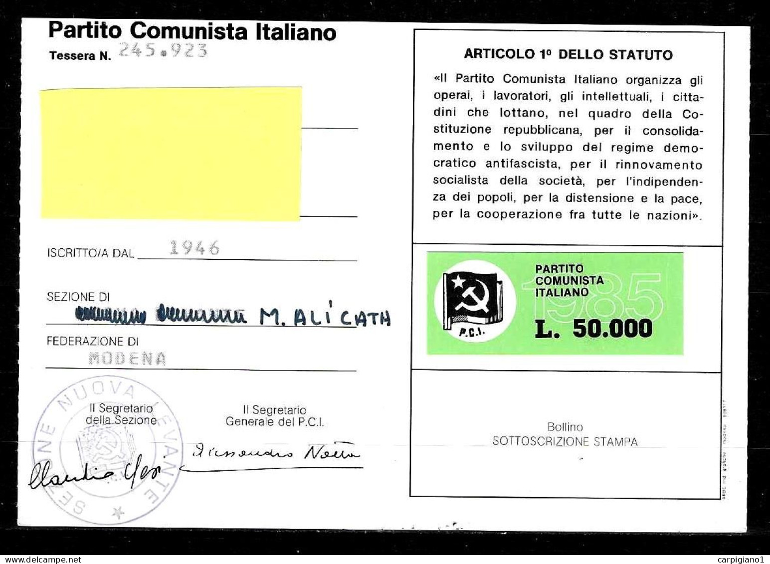 1985 Tessera PCI Partito Comunista Italiano Con Timbro E Bollino - Ricordo Enrico Berlinguer - 40° Liberazione - Documents Historiques