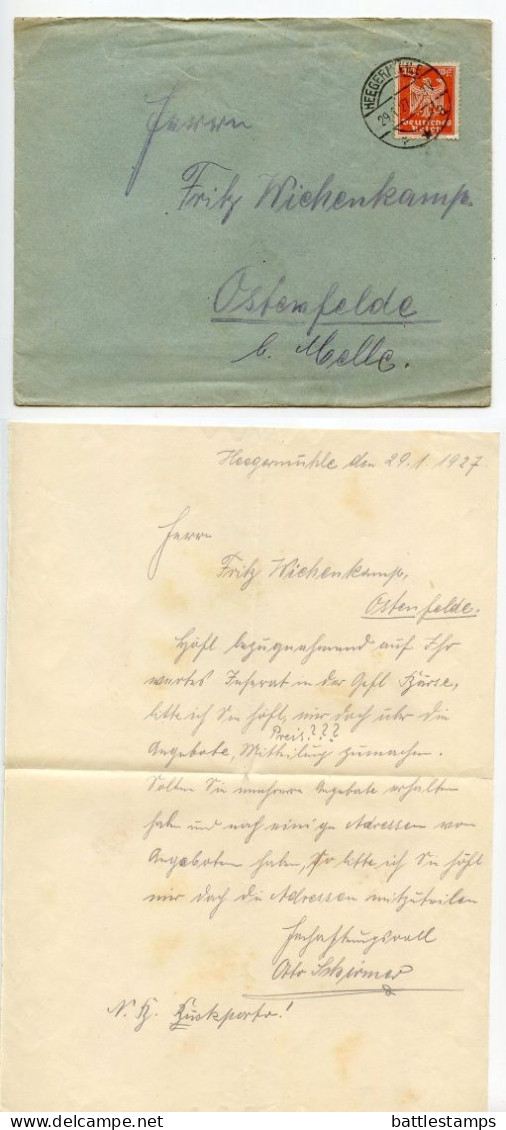 Germany 1927 Cover W/ Letter; Heegermühle To Ostenfelde; 10pf. German Eagle - Covers & Documents