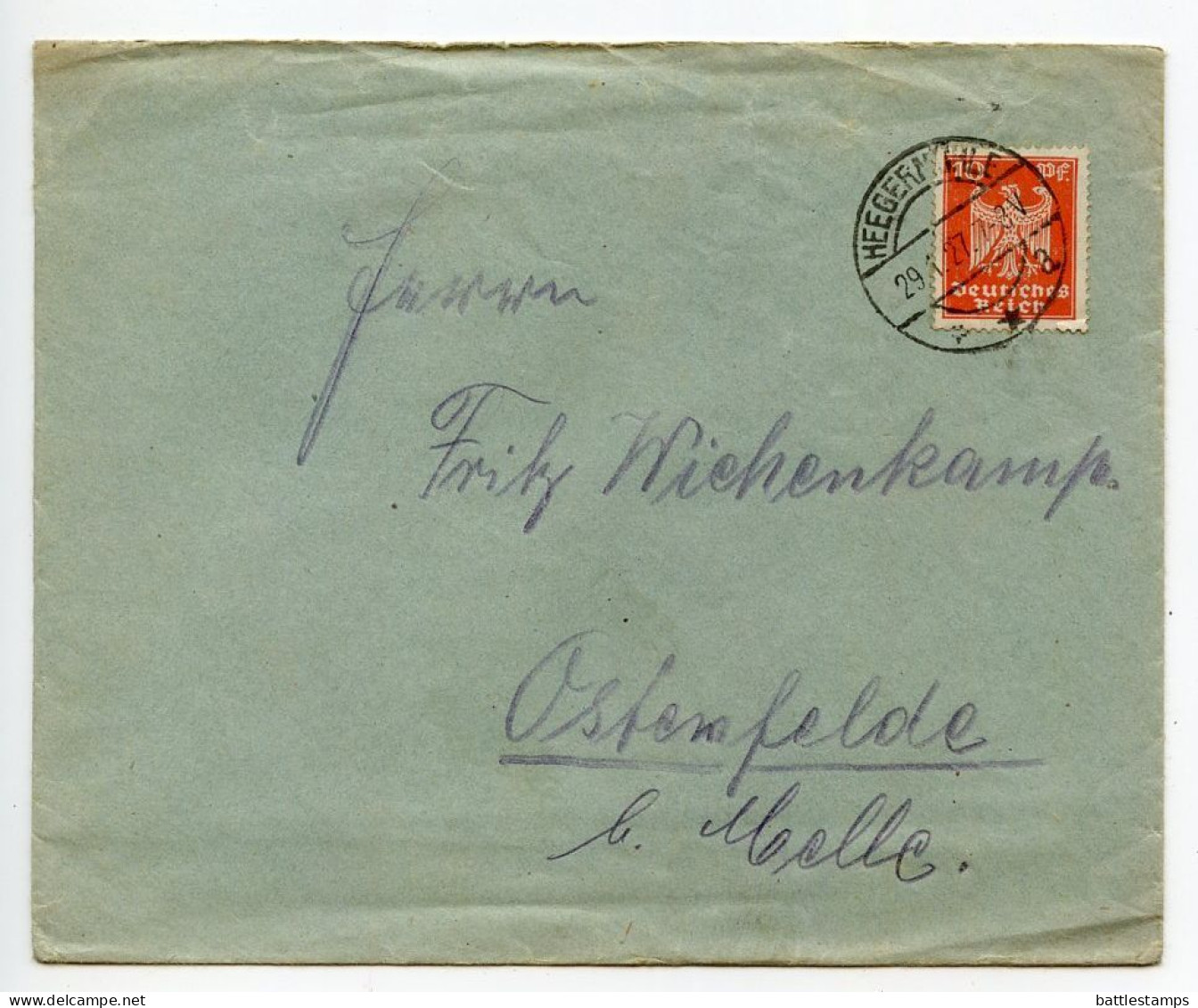 Germany 1927 Cover W/ Letter; Heegermühle To Ostenfelde; 10pf. German Eagle - Covers & Documents