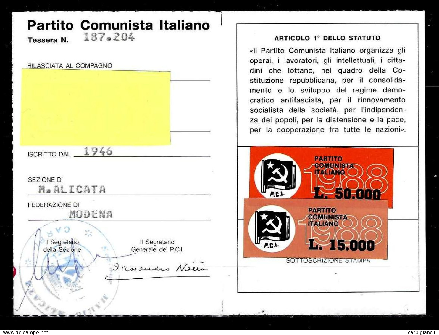 1988 Tessera PCI Partito Comunista Italiano Con Timbro E 2 Bollini - Documents Historiques