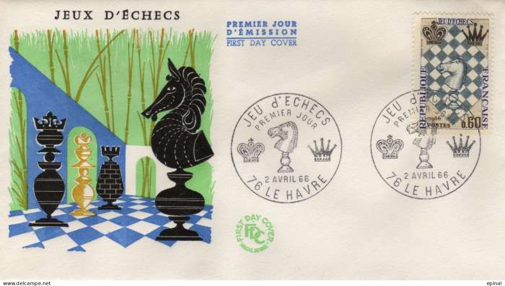 FRANCE : FDC 1480 - Festival International D'échecs (Le Havre, 2/4/66) - PRIX FIXE - - 1960-1969