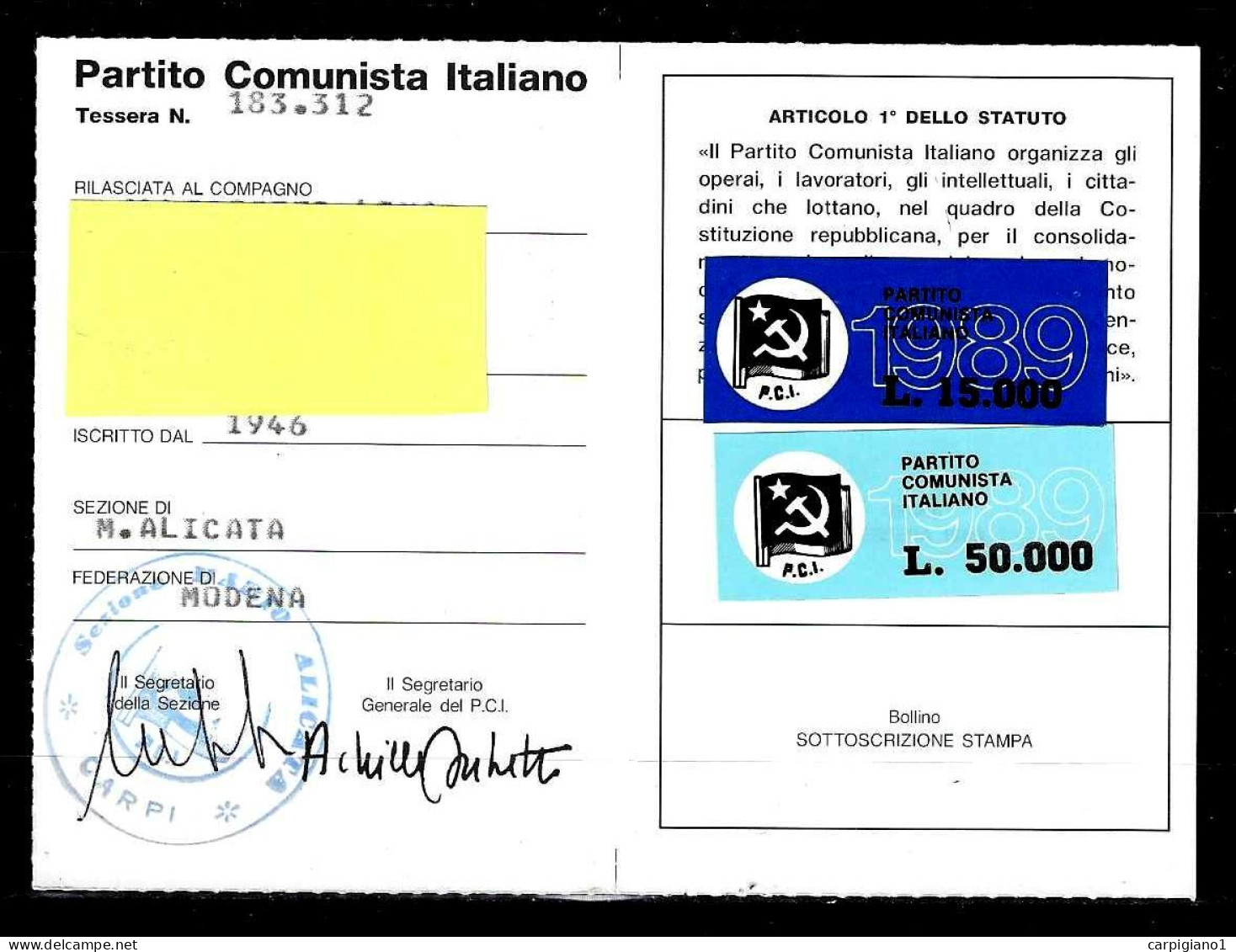 1989 Tessera PCI Partito Comunista Italiano Con Timbro E 2 Bollini - Historische Documenten