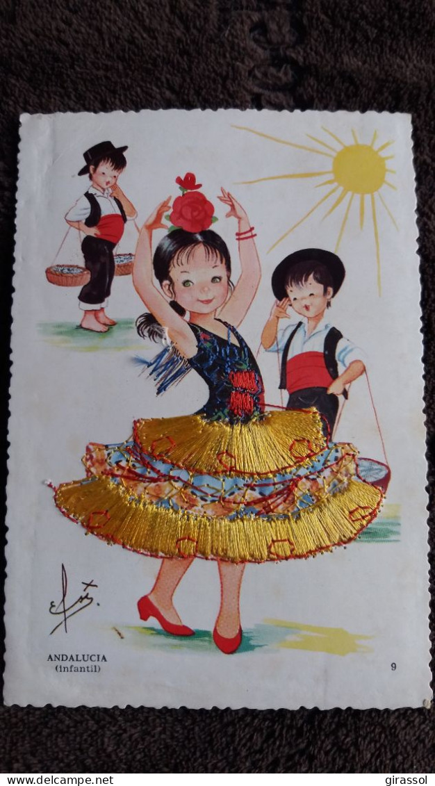 CARTE  BRODEE FOKLORE FOLKLORIQUE ESPAGNE ESPAGNOLE ANDALUCIA INFANTIL DESSIN ELSI ED ALCALA  9 - Embroidered