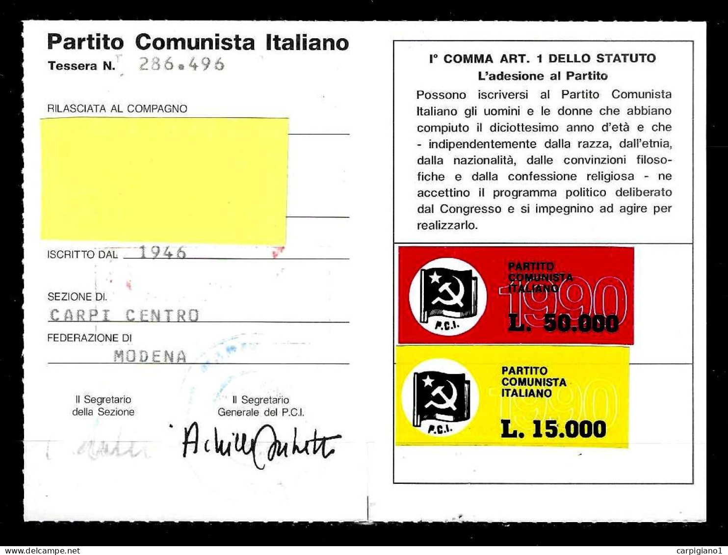 1990 Tessera PCI Partito Comunista Italiano Con Timbro E 2 Bollini - Documents Historiques