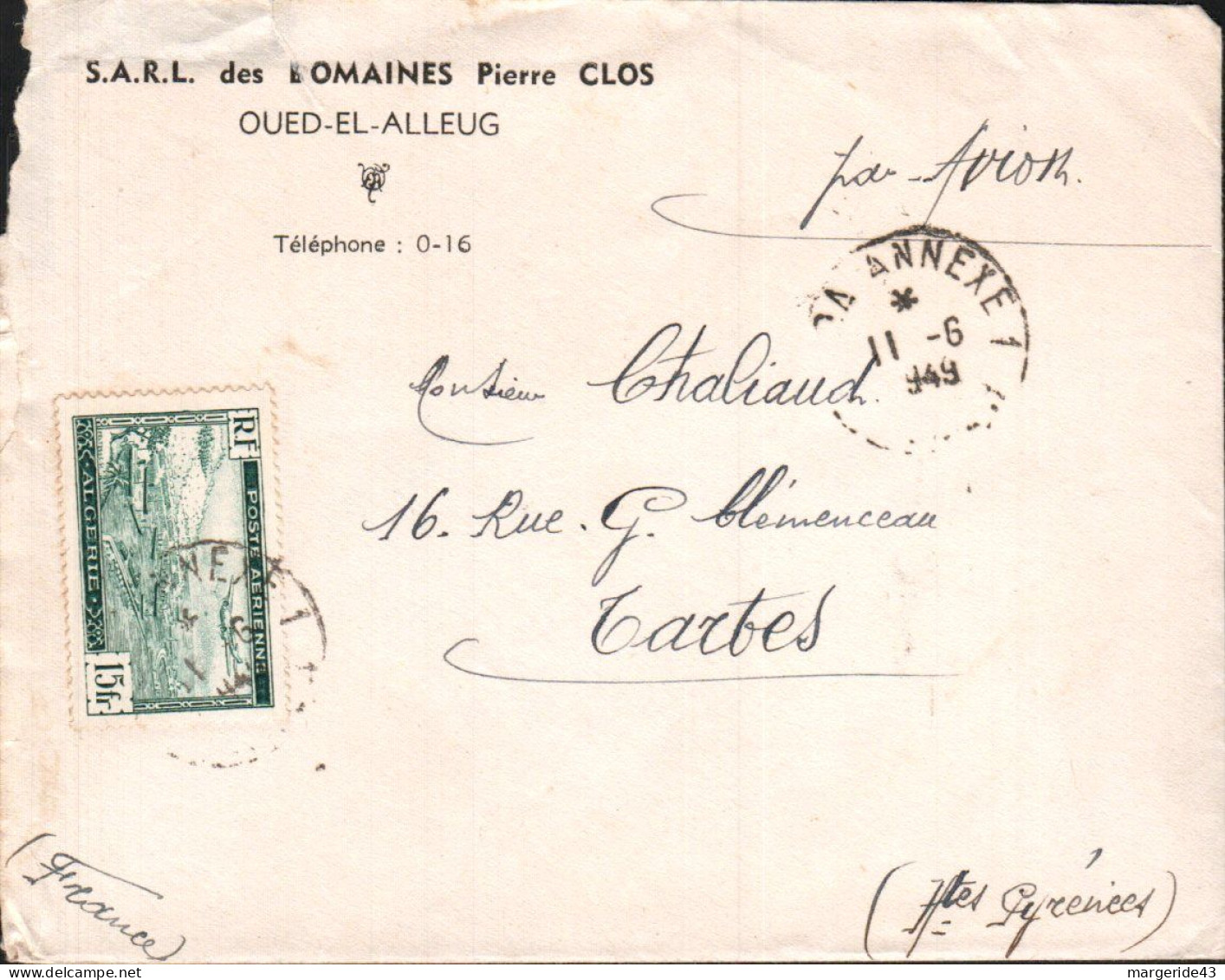 ALGERIE SEUL SUR LETTRE A EN TETE DE OUED EL ALLEUG POUR LA FRANCE 1949 - Covers & Documents