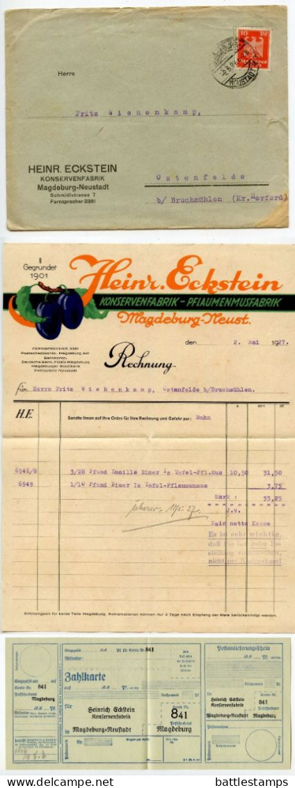 Germany 1927 Cover W/ Invoice & Zahlkarte; Magdeburg-Neustadt - Heinr. Eckstein, Konservenfabrik; 10pf. German Eagle - Briefe U. Dokumente