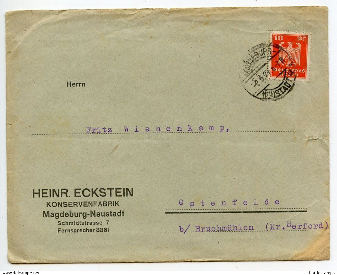 Germany 1927 Cover W/ Invoice & Zahlkarte; Magdeburg-Neustadt - Heinr. Eckstein, Konservenfabrik; 10pf. German Eagle - Briefe U. Dokumente
