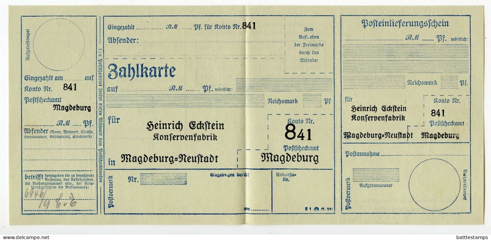 Germany 1927 Cover W/ Invoice & Zahlkarte; Magdeburg-Neustadt - Heinr. Eckstein, Konservenfabrik; 10pf. German Eagle - Covers & Documents