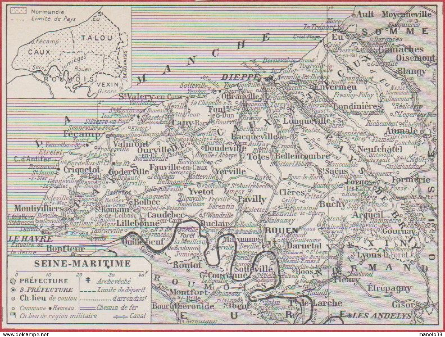 Carte Du Département De Seine Maritime (76). Préfecture ... Chemin De Fer, Canal. Larousse 1948. - Historische Dokumente