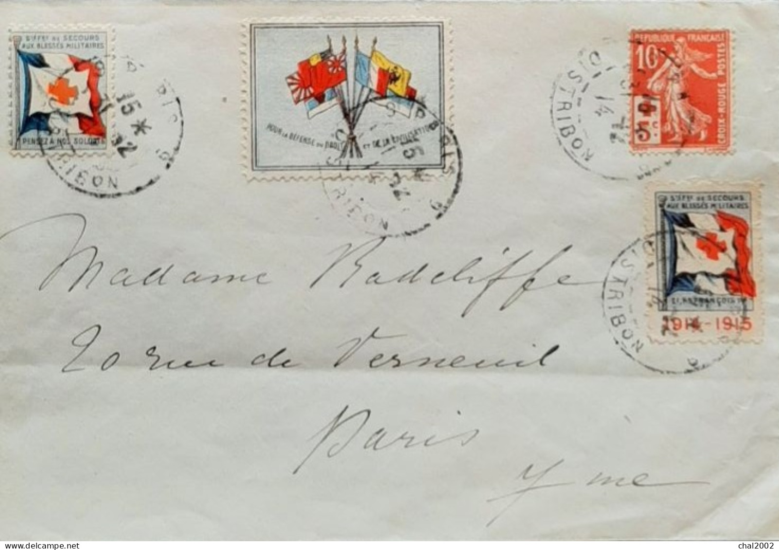 1914 1915 Lettre De Paris Pour Paris 31 Décembre 1914 3 Vignettes - Rode Kruis