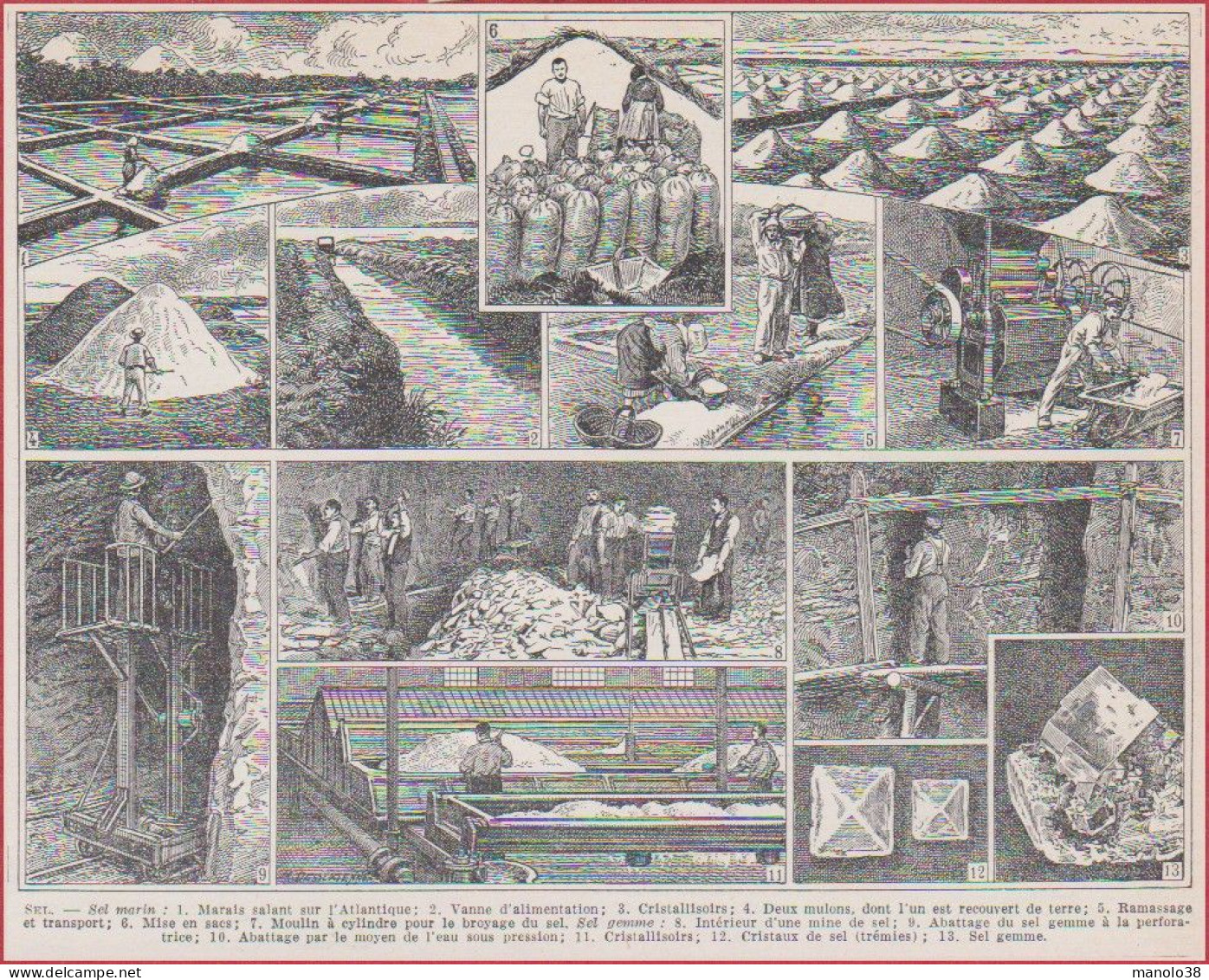 Sel. Exploitation. Marais Salant, Mine, Cristallisoirs Etc... Illustration Maurice Dessertenne. Larousse 1948. - Documents Historiques