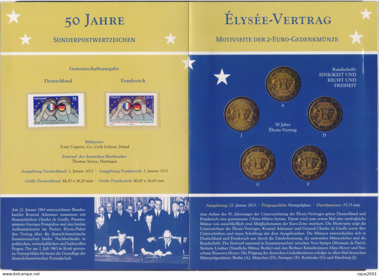 Signing Of Elysee Treaty Stone Laying Ceremony, Germany & France Are Issuing Joint Issue 2 Euro Coin Stamp + 5x Coins - Emissions Communes